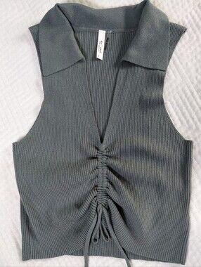 Be Cool LA Collared Ruched Cinch Ribbed Green Polo Sleeveless Knit Shirt Top M/L